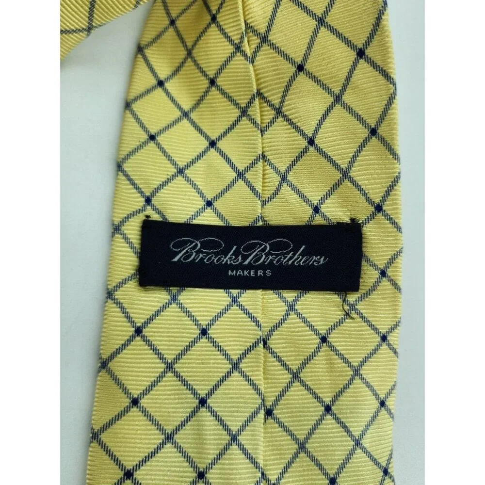 Brooks Brothers Makers Pure Silk Necktie Yellow Blue Check USA Made‎